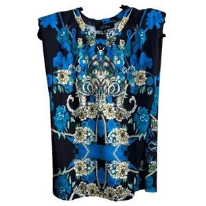 NWT Pantora Winnie Tee Blouse Padded Shoulders Blue Elephant Flowers Medium